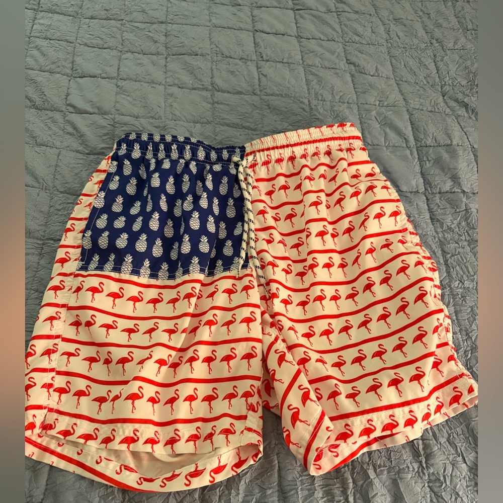 Maamgic Men's Red Flamingo Print Swim Shorts - White/Red men’s medium